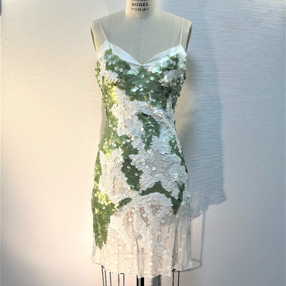 UNIQUE WHITE AND GREEN SEQUIN  SLIP-STYLE DRESS ON SILK